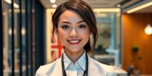 UK AI receptionist smiling in a modern office.
