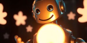 A friendly robot assistant helping with customer feedback.
