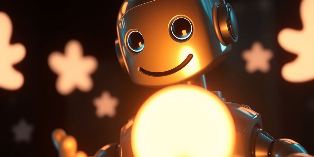 A friendly robot assistant helping with customer feedback.