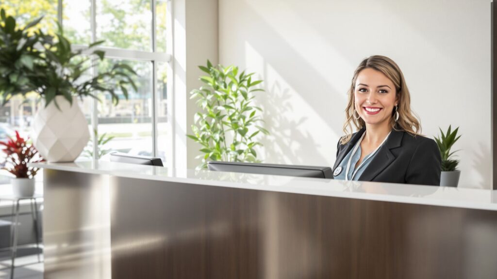 Clinic reception with smiling receptionist and natural light.