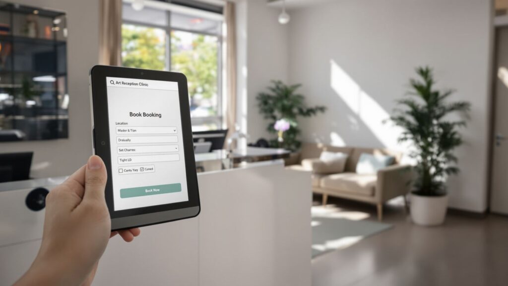Clinic reception with digital booking tablet.