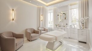 Luxurious med spa interior with treatment bed and seating.
