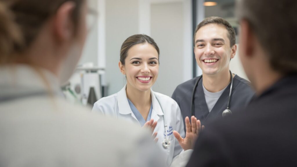 Clinic professional comforting a client with a smile.