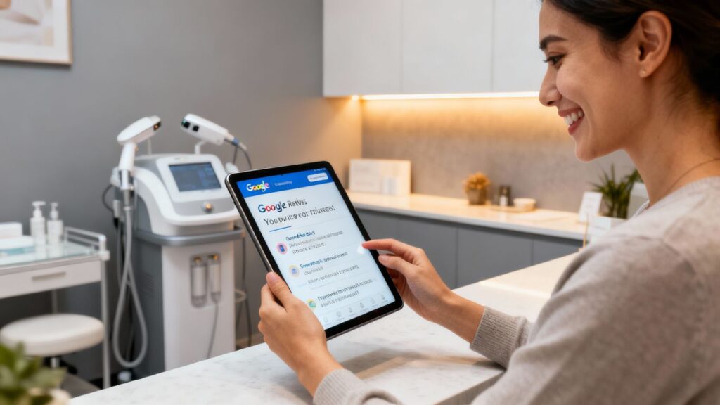 Clinic managing Google reviews on a tablet.