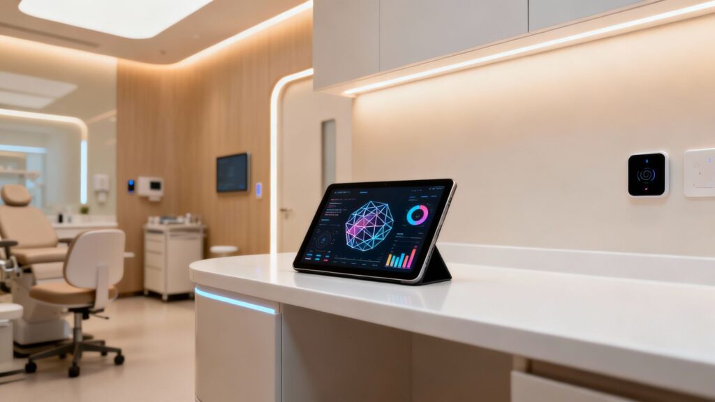 Clinic CRM software interface on a tablet.