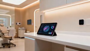 Clinic CRM software interface on a tablet.