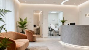 Modern aesthetic clinic interior with comfortable seating.