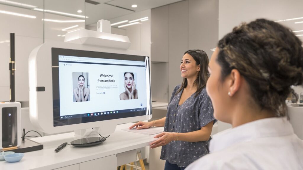AI interface assisting a patient at an aesthetics clinic.