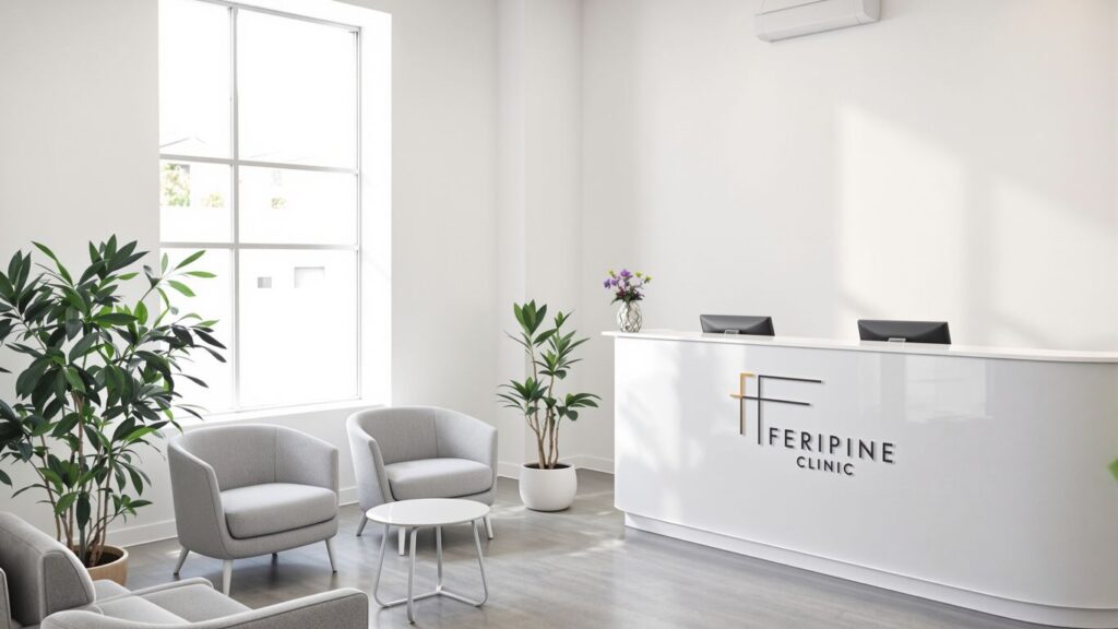 Modern clinic interior with natural light and comfortable seating.