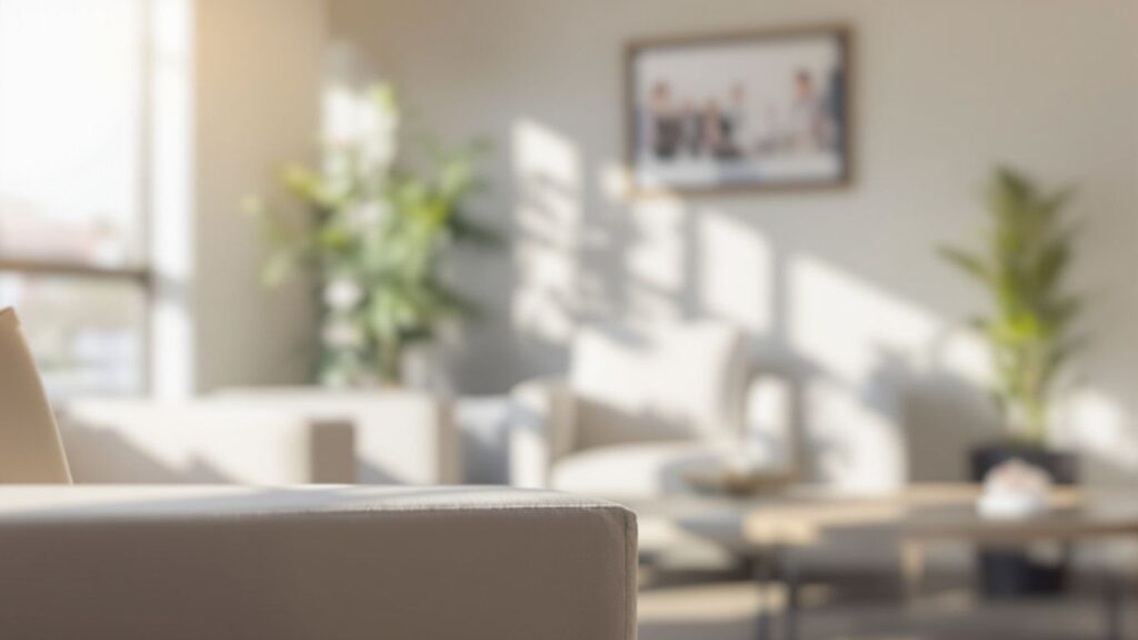 Clinic interior with comfortable seating and natural light.