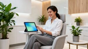 Patient using tablet in clinic