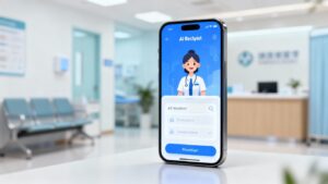 AI receptionist app on a smartphone in a clinic.