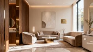 Modern aesthetic clinic interior with plush seating.