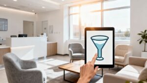 Clinic lead management funnel graphic on tablet.
