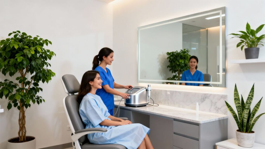 Aesthetic clinic interior with patient and practitioner.