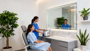 Aesthetic clinic interior with patient and practitioner.