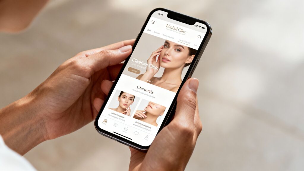 Aesthetic clinic website being browsed on a smartphone.