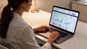 Clinic owner using a computer for local SEO.