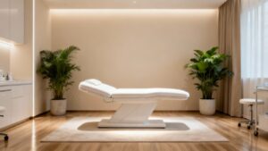 Aesthetic clinic interior with treatment bed and plants.