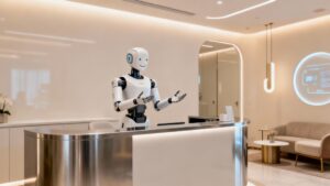 Robot receptionist in a modern aesthetic clinic.