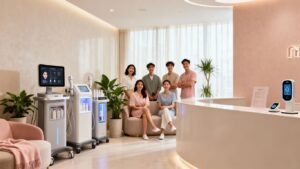 Modern aesthetic clinic interior with happy clients.