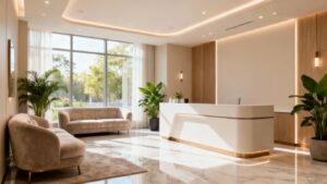 Aesthetic clinic interior with sunlight and plants.