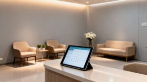 Digital tablet showing appointment booking calendar.