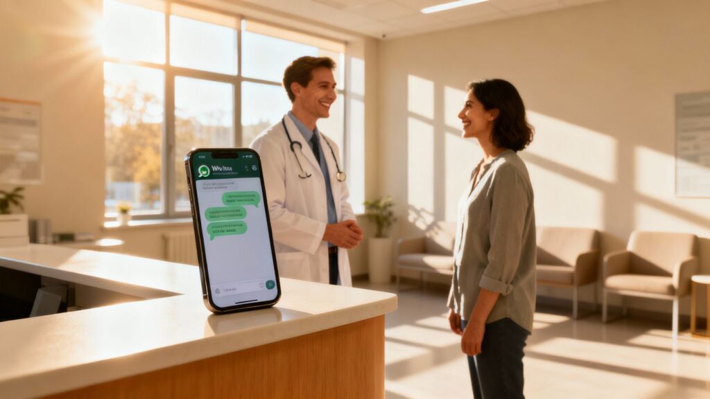 Clinic WhatsApp integration with happy doctor and patient.