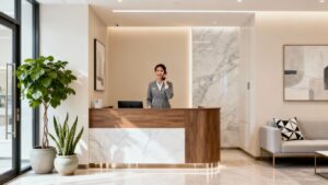 Aesthetic clinic receptionist answering a phone call.
