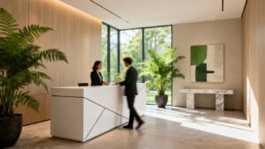 Aesthetic clinic interior with sunlight and plants.