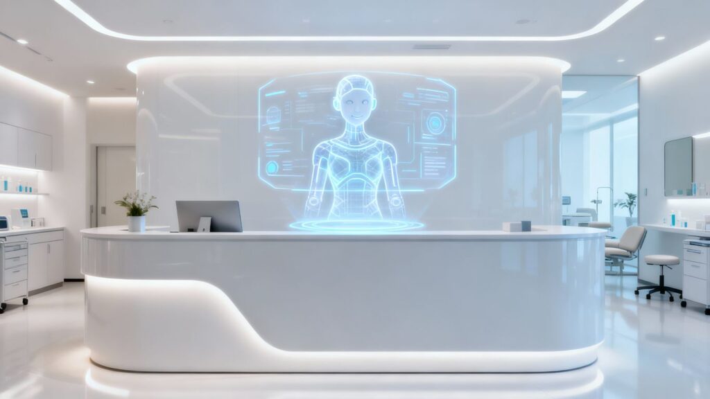 AI receptionist interface at a clinic desk.