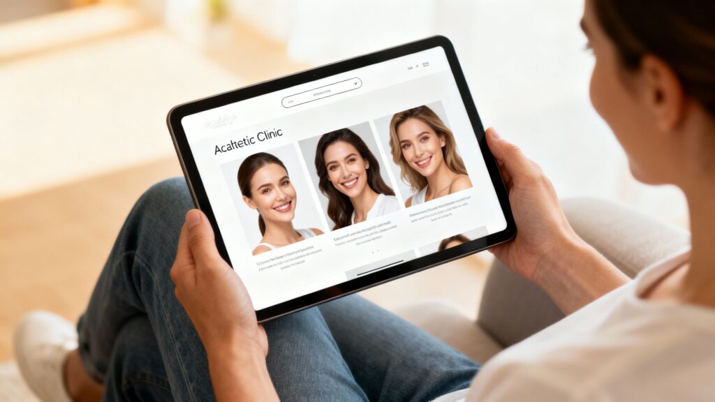 Customer happily viewing aesthetic clinic website on tablet.