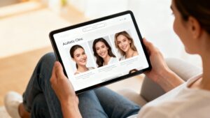 Customer happily viewing aesthetic clinic website on tablet.