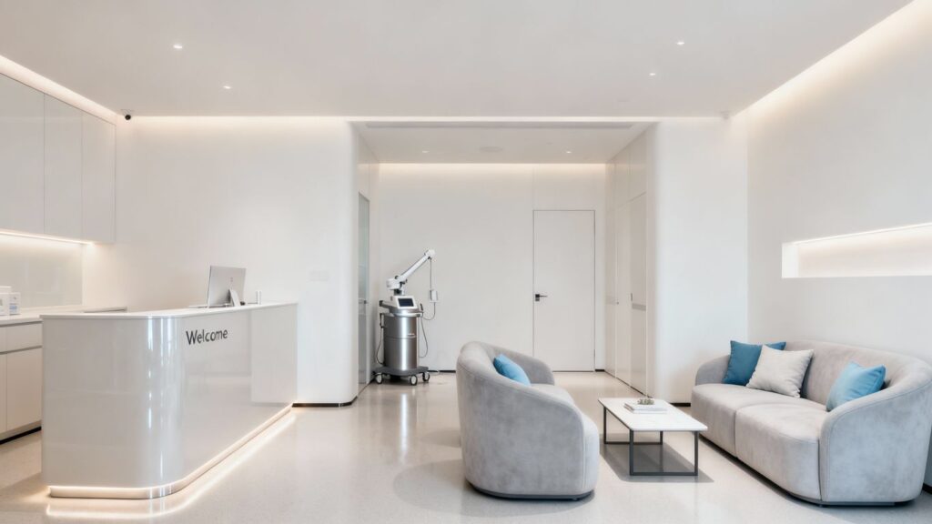 Aesthetic clinic interior with reception and equipment.