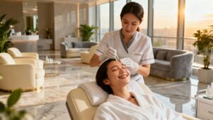 Medical spa interior with client receiving treatment.