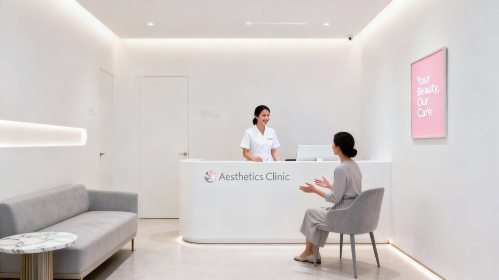 Aesthetics clinic receptionist providing excellent customer service.