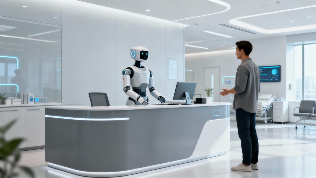Robot AI assistant at a modern clinic reception desk.
