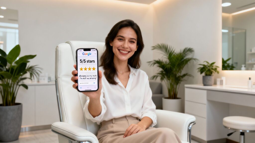 Aesthetics clinic patient happily leaving a five-star Google review on a smartphone.