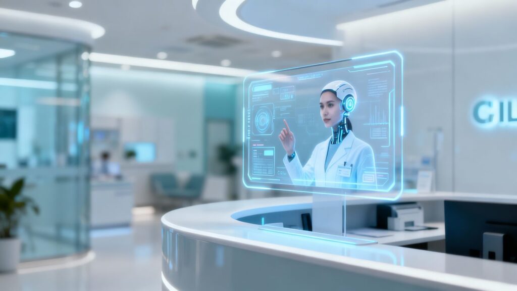 AI receptionist interface in a modern clinic reception.