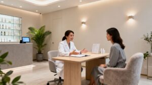 Practitioner consulting with a happy client in a modern clinic.