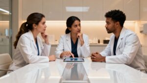Clinic professionals in a meeting discussing patient feedback.