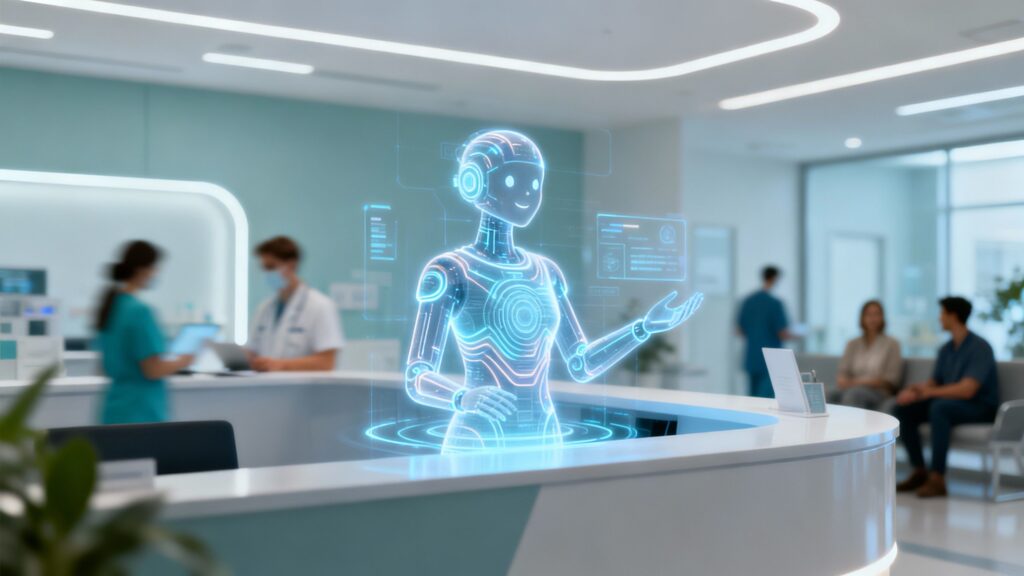 AI receptionist interface in a modern aesthetics clinic setting.