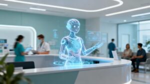 AI receptionist interface in a modern aesthetics clinic setting.