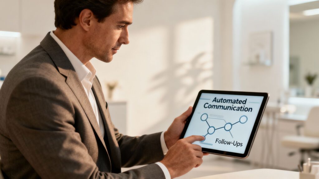 Clinic owner using a tablet to manage patient journey automation.