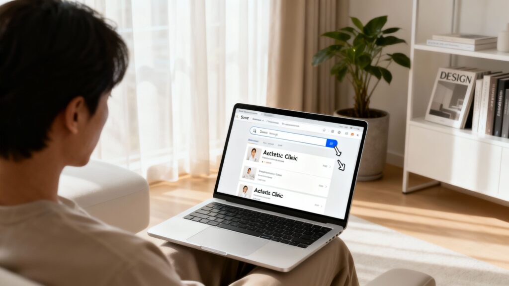 Patient searching for an aesthetics clinic online on a laptop.