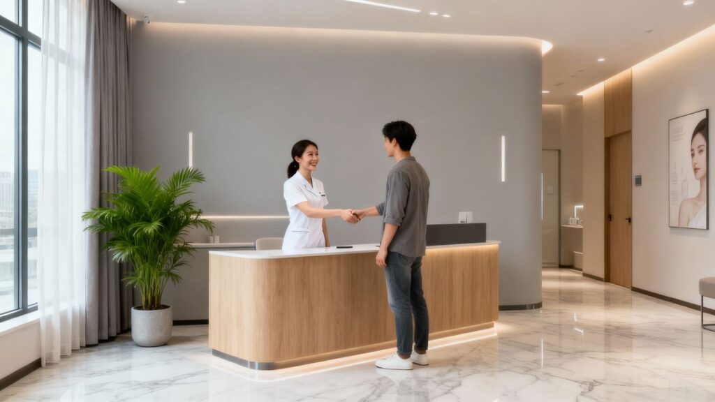 Clinic receptionist and patient interacting positively.