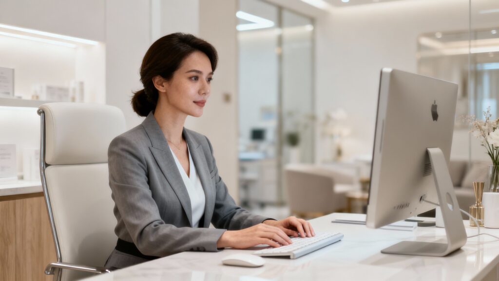 Aesthetic clinic owner using a computer in her office.