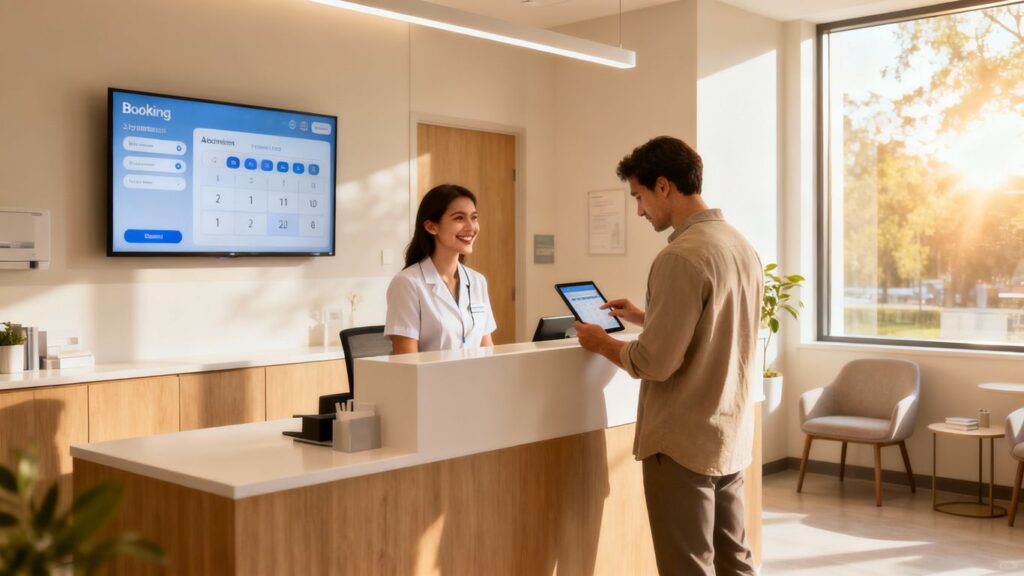 Patient using a tablet to book an appointment at a clinic.