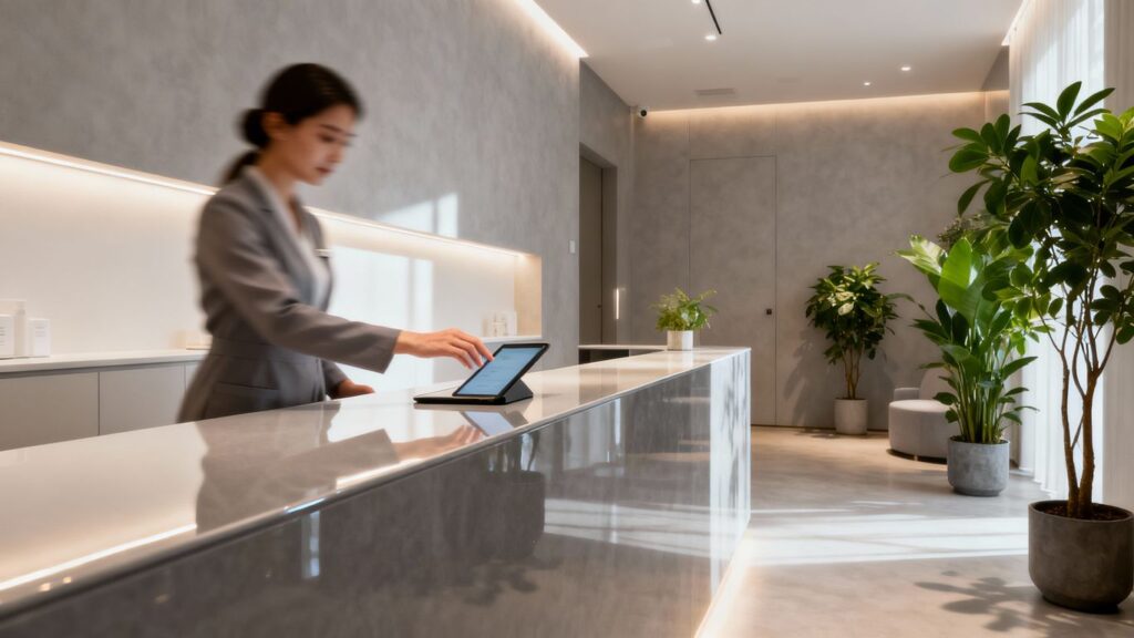 Automated medspa reception with patient interaction.