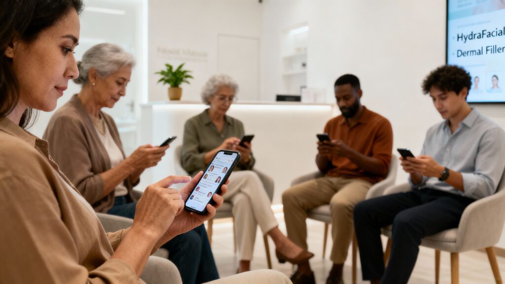 Med spa clients looking at phones, browsing social media ads.